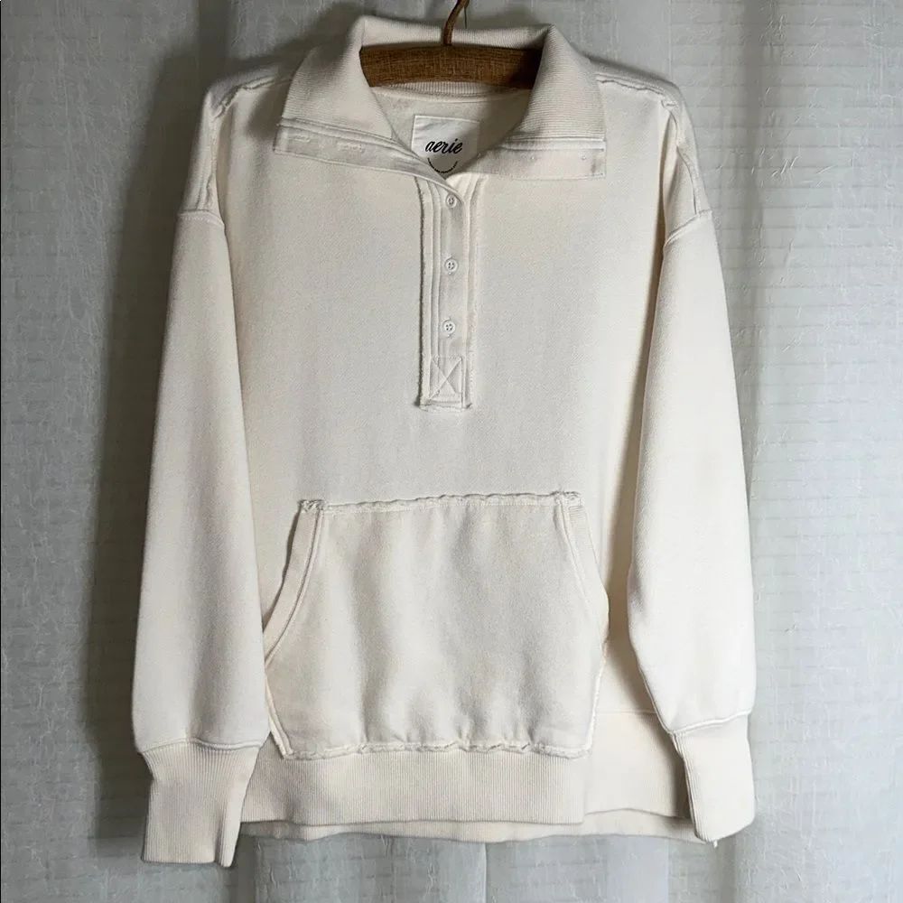 aerie Neutral Ivory Cream Vintage Popover Oversized Polo Cotton Sweatshirt